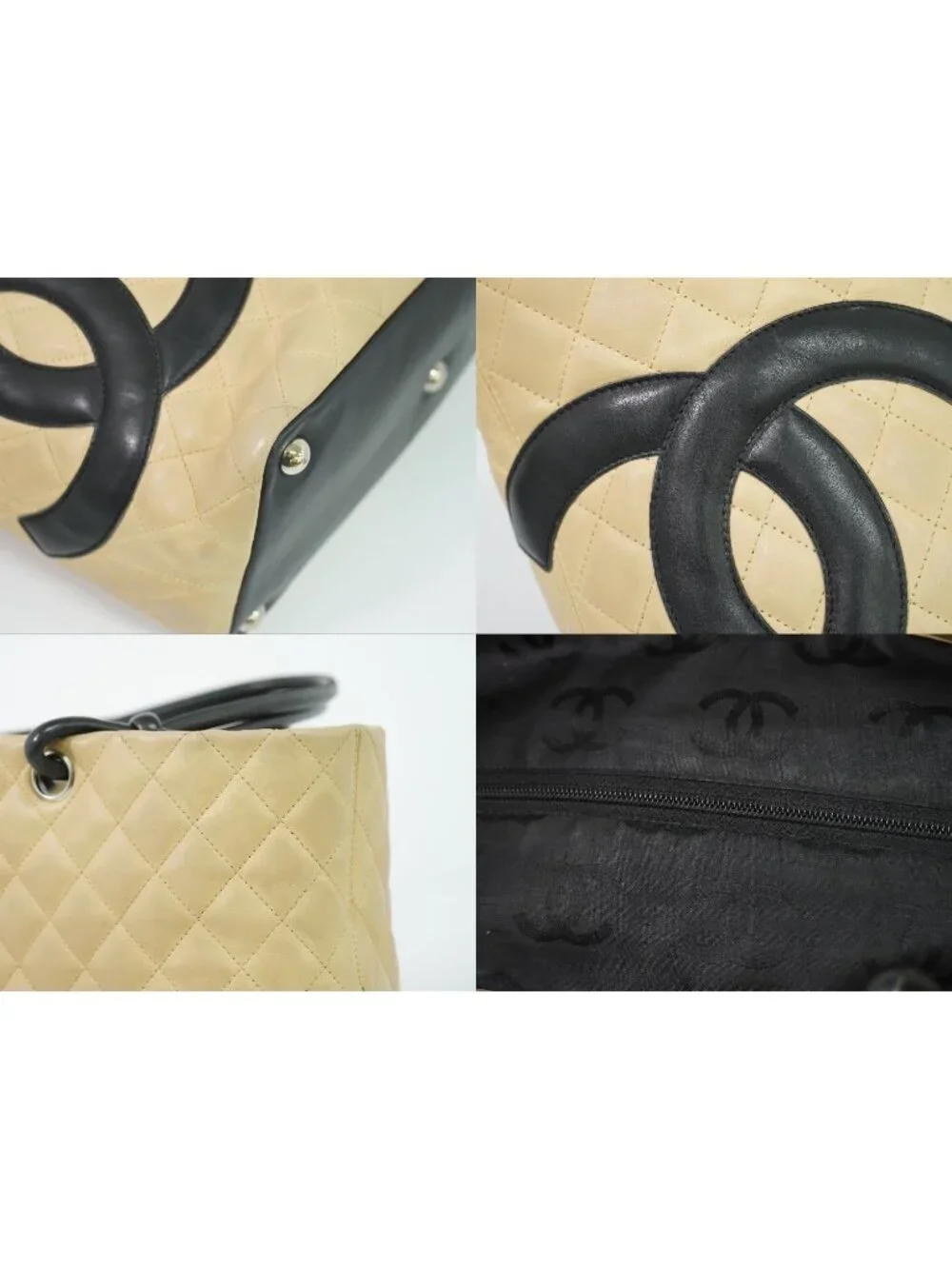 Chanel CC Logo Cambon Line Shoulder Bag Tote Leather Beige Vintage